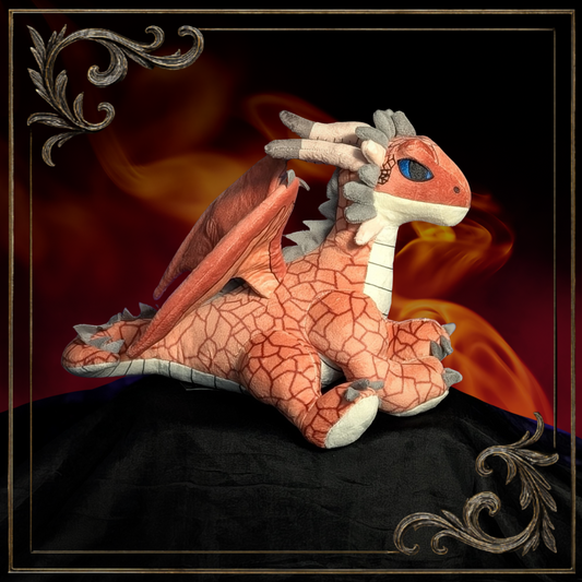 Plush dragon toy with a fiery background